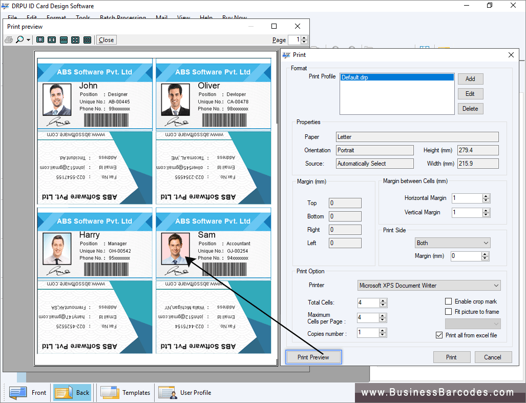 Screenshots of ID card design software BusinessBarcodes
