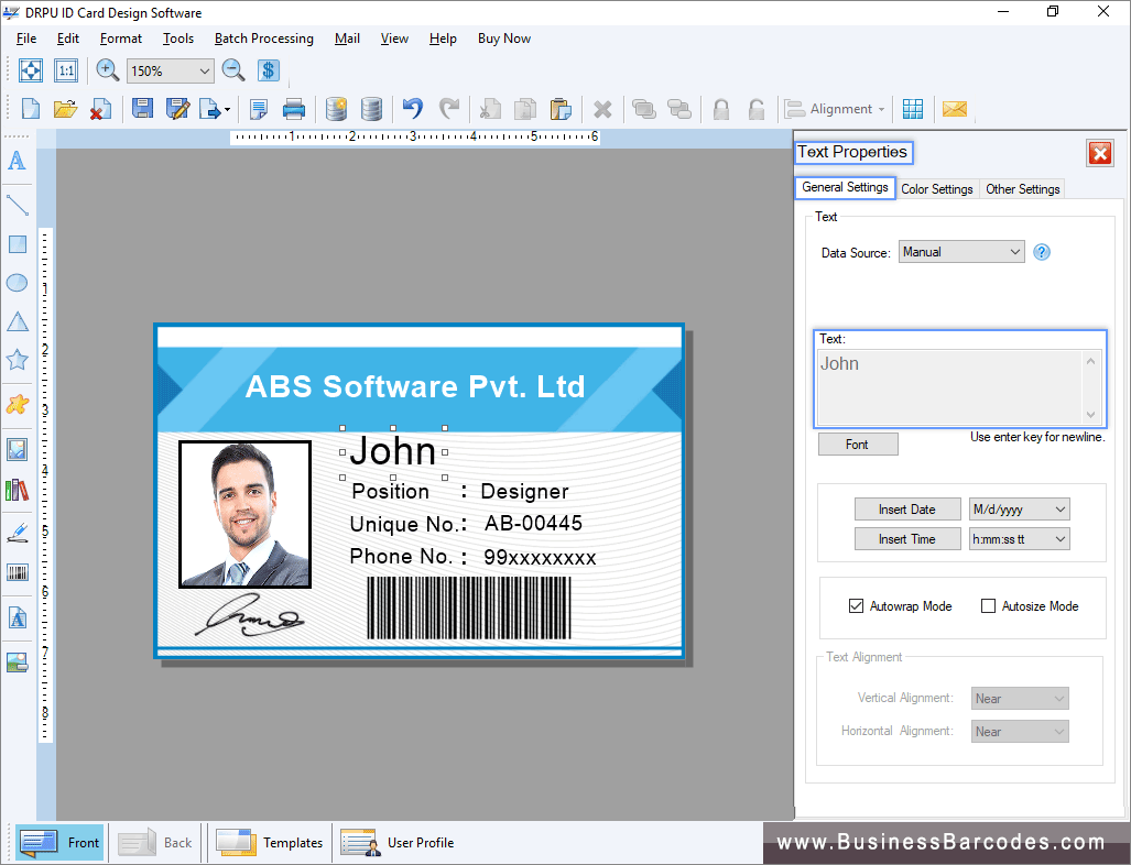 Screenshots of ID card design software BusinessBarcodes