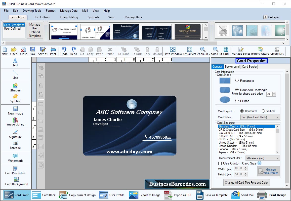 Business Card Maker Specify Card Name and Size