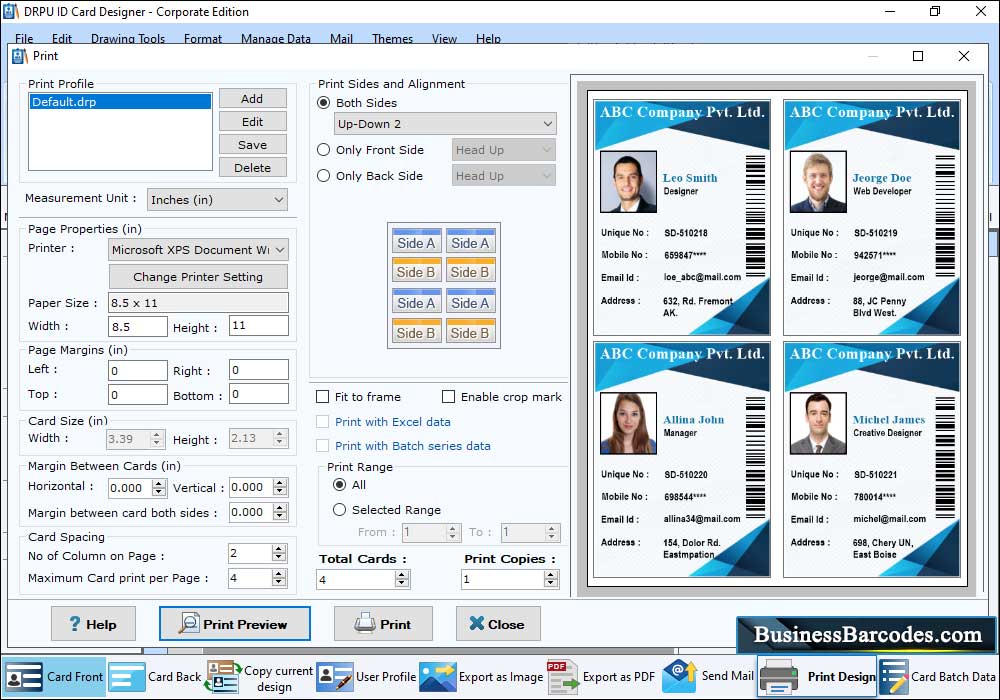 ID Cards Maker (Corporate Edition) Print Preview